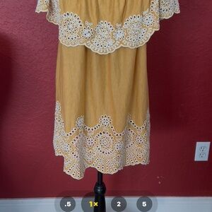 Fever Golden Dress or oversize top with White Eyelet Accents
